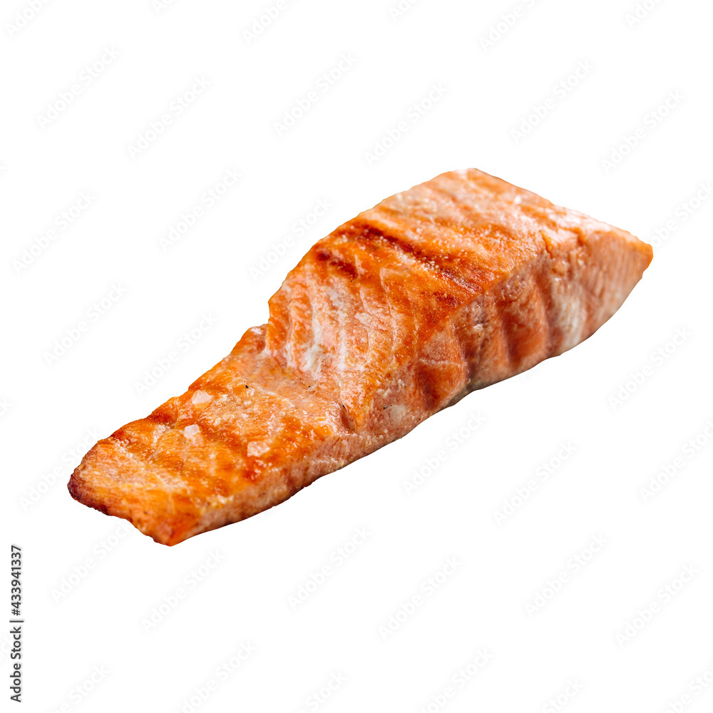 Isolated grilled salmon fish fillet on white background