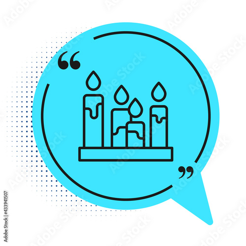 Black line Burning candle icon isolated on white background. Cylindrical aromatic candle stick with burning flame. Happy Halloween party. Blue speech bubble symbol. Vector