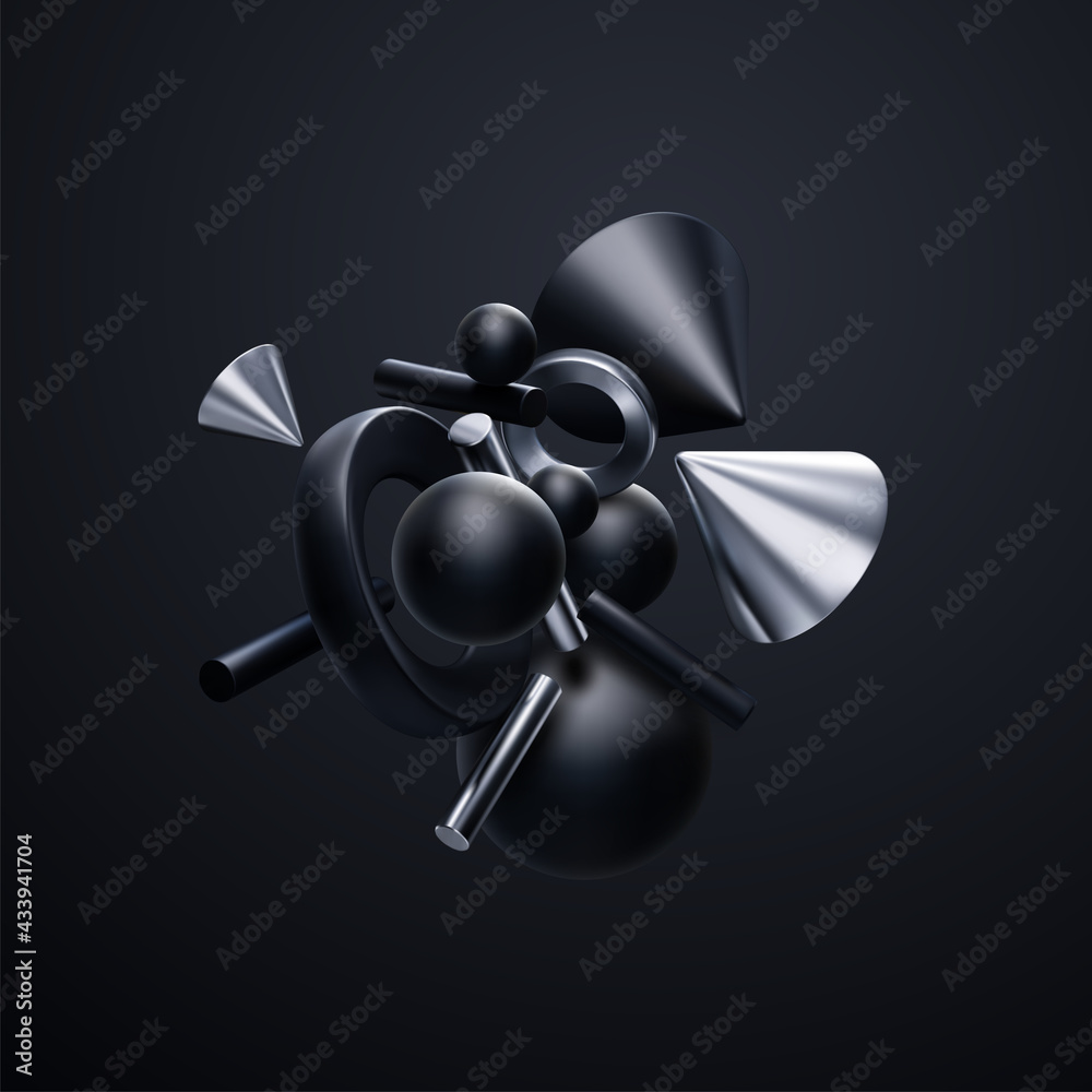 Black and silver geometric shapes cluster. Abstract elegant background.