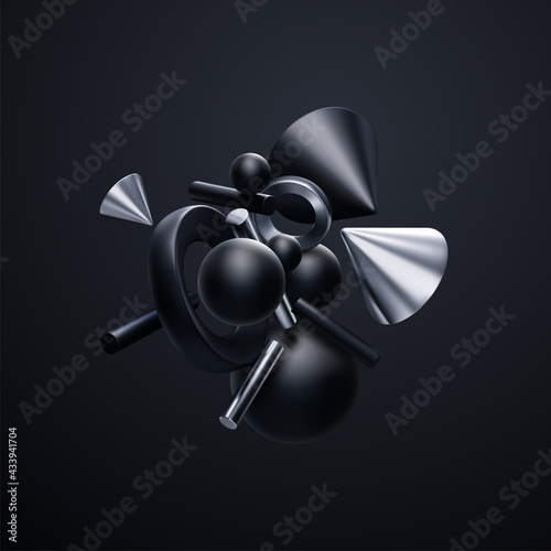 Fototapeta Naklejka Na Ścianę i Meble -  Black and silver geometric shapes cluster. Abstract elegant background.