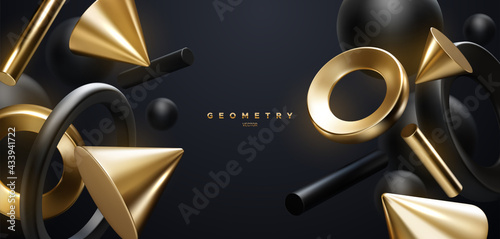 Fototapeta Naklejka Na Ścianę i Meble -  Black and golden geometric shapes backdrop. Abstract elegant background.