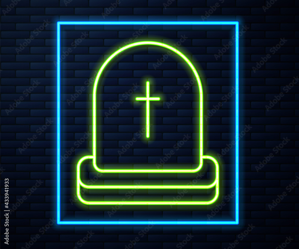 Glowing neon line Tombstone with RIP written on it icon isolated on brick wall background. Grave icon. Happy Halloween party. Vector