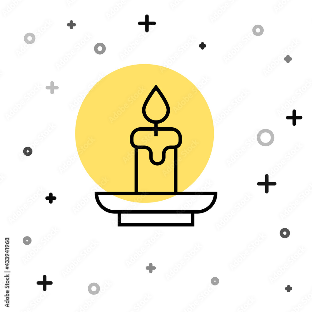 Obraz premium Black line Burning candle icon isolated on white background. Cylindrical aromatic candle stick with burning flame. Happy Halloween party. Random dynamic shapes. Vector