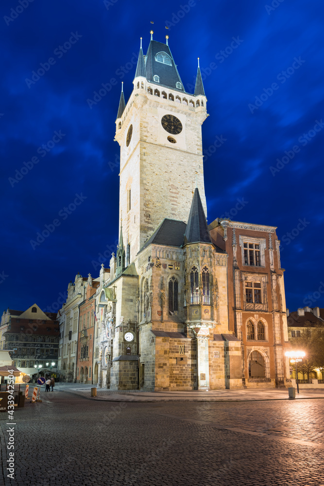 The old town square of Prague, Czech Republic, during dusk without people surrounded by the historical, gothic style buildings and the famous Tyn Church.
Stroll around Prague's old town Romantic night
