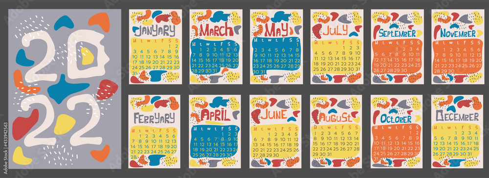 Calendar template 2022. Beginning of the week is Monday. Calendar for viewing dates. Abstract decorations in a hand-made flat style. Vector illustration