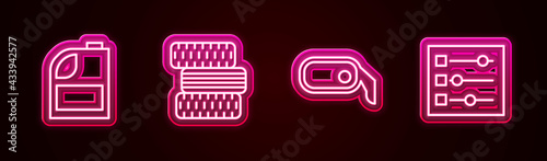 Set line Canister for motor machine oil, Car tire wheel, rearview mirror and settings. Glowing neon icon. Vector