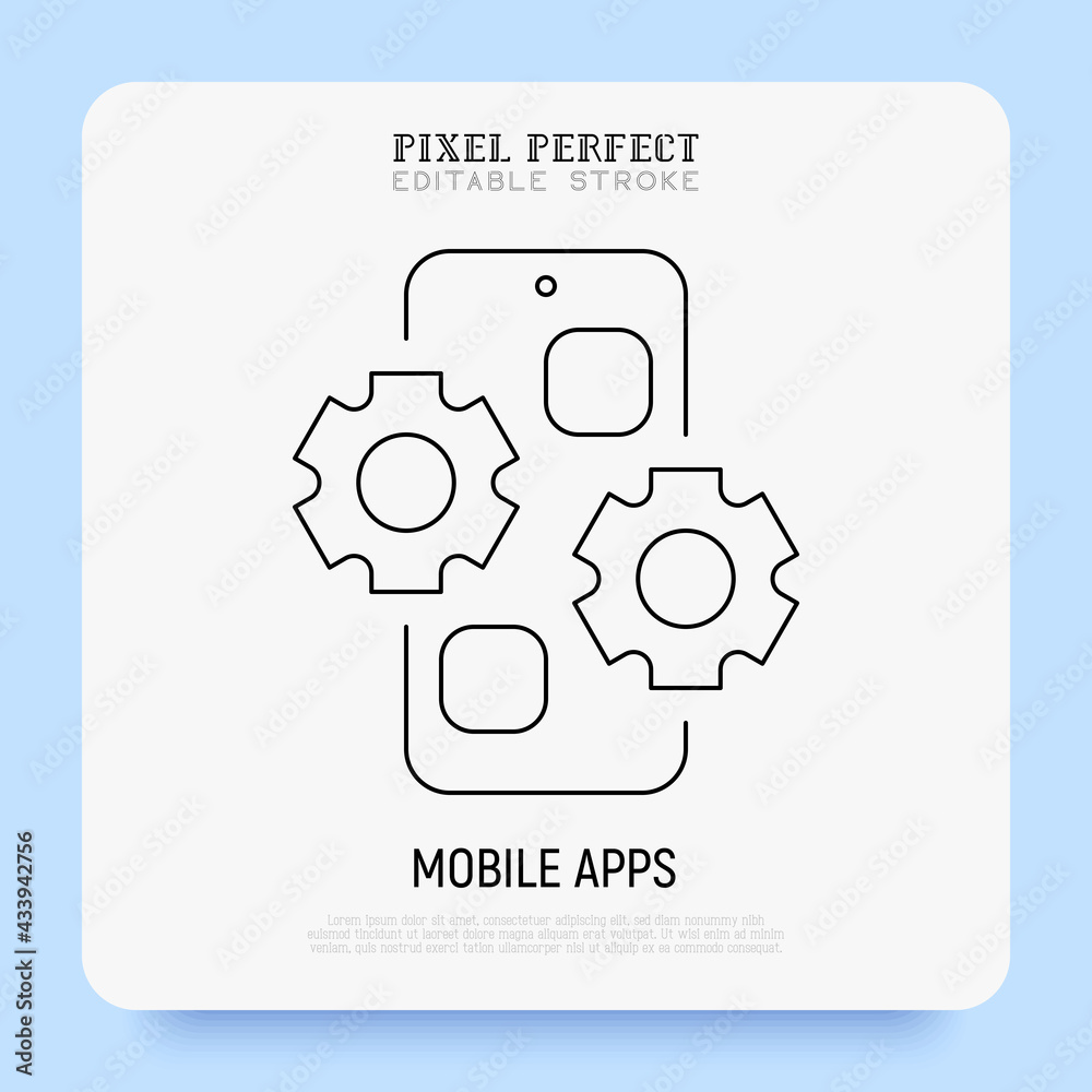 Web development thin line icon. Mobile app. Cogwheels on smartphone screen. Pixel perfect, editable stroke. Vector illustration. Web development thin line icon. Mobile app. Cogwheels on smartphone screen. Pixel perfect, editable stroke. Vector illustration.
