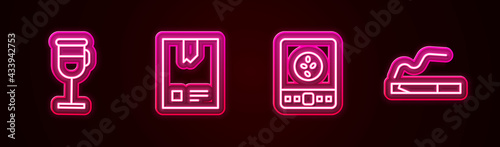 Set line Irish coffee, Bag beans, Electronic scales and Cigarette. Glowing neon icon. Vector