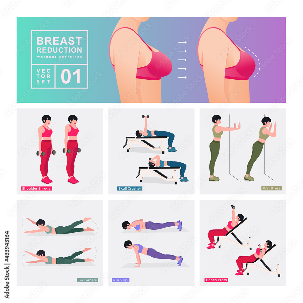 Breast reducing exercise Set. Women doing fitness and yoga exercises.  Lunges, Pushups, Squats, Dumbbell rows, Burpees, Side planks, Situps, Glute  bridge, Leg Raise, Russian Twist, Side Crunch .etc Stock Vector