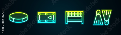 Set line Hockey puck, Billiard table, Ribbon in finishing line and Rubber flippers for swimming. Glowing neon icon. Vector