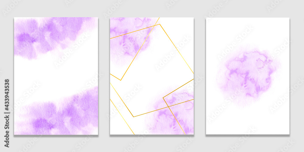 Wedding Invitation cards. Set of cards with watercolor blots. Invitation, greeting cards, banners in watercolor spots. Watercolor purple splashes. Templates for postcards.