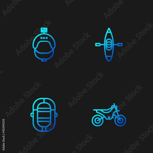 Set line Mountain bike, Rafting boat, Helmet and action camera and Kayak or canoe. Gradient color icons. Vector