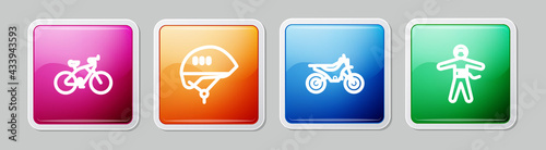 Set line Bicycle, helmet, Mountain bike and Bungee jumping. Colorful square button. Vector