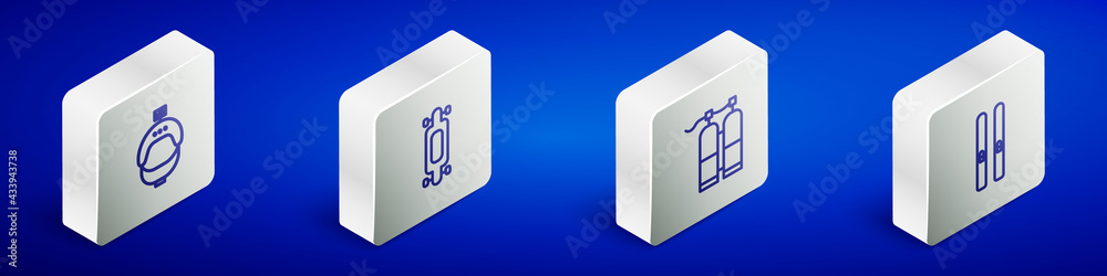 Set Isometric line Helmet and action camera, Longboard or skateboard, Aqualung and Ski sticks icon. Vector Set Isometric line Helmet and action camera, Longboard or skateboard, Aqualung and Ski sticks icon. Vector