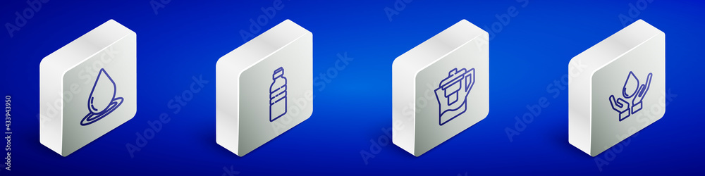 Set Isometric line Water drop, Bottle of water, jug with filter and Washing hands soap icon. Vector Set Isometric line Water drop, Bottle of water, jug with filter and Washing hands soap icon. Vector
