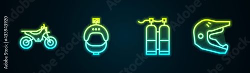 Set line Mountain bike, Helmet and action camera, Aqualung and Motocross motorcycle helmet. Glowing neon icon. Vector