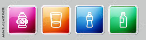 Set line Fire hydrant, Glass with water, Bottle of and . Colorful square button. Vector