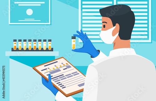 Physician or Healthcare Professional Checking Out Labeled Urine Test Vial in Medical Laboratory Flat Design Vector Illustration.
