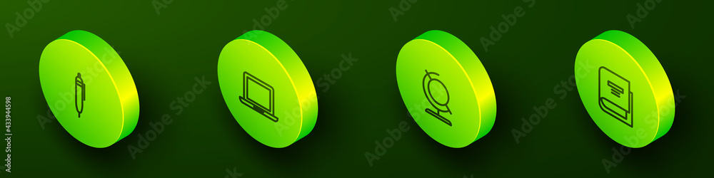 Set Isometric line Pen, Laptop, Earth globe and Book icon. Vector Set Isometric line Pen, Laptop, Earth globe and Book icon. Vector