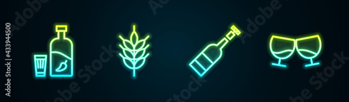 Set line Vodka with pepper and glass, Hop, Opened bottle of wine and Glass cognac or brandy. Glowing neon icon. Vector