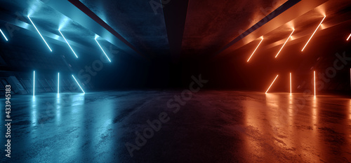 Fototapeta Naklejka Na Ścianę i Meble -  Neon Warehouse Sci Fi Futuristic Laser Orange Blue Glowing Vibrant Electric Concrete Cement Underground Showroom Tunnel Corridor Parking Grunge Asphalt 3D Rendering