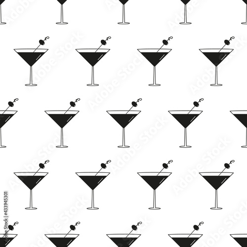 Black and white martini cocktail glasses with olives vector seamless pattern background.