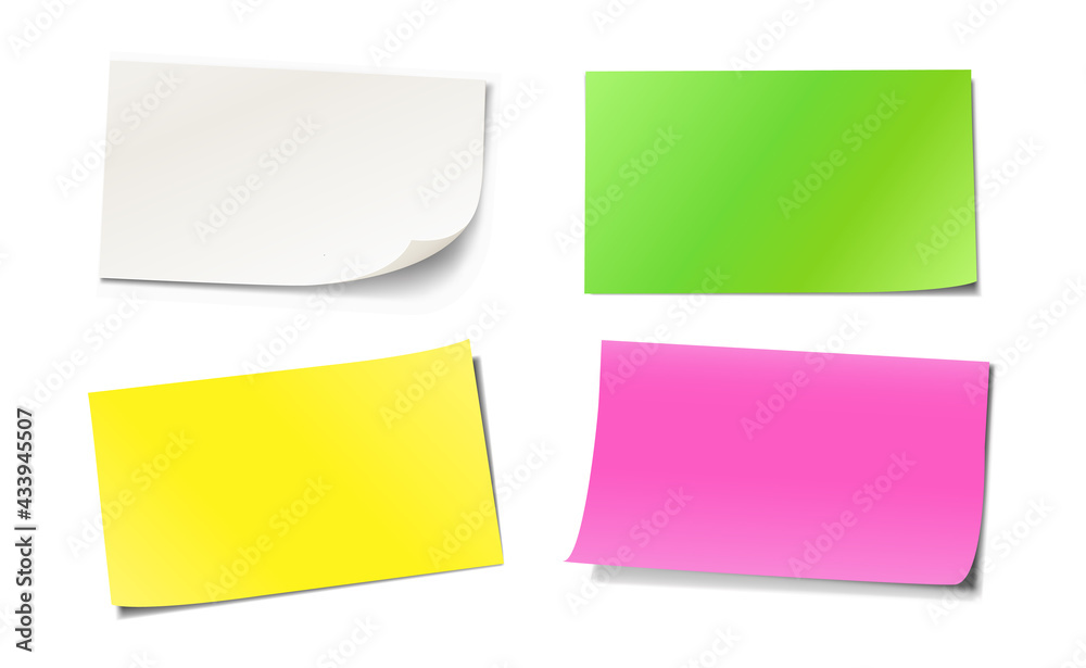 Set of colored blank sticky notes paper with different paper curls Set of colored blank sticky notes paper with different paper curls