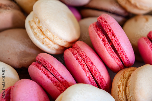 Delicate chocolate, coffee and raspberry french macaroons