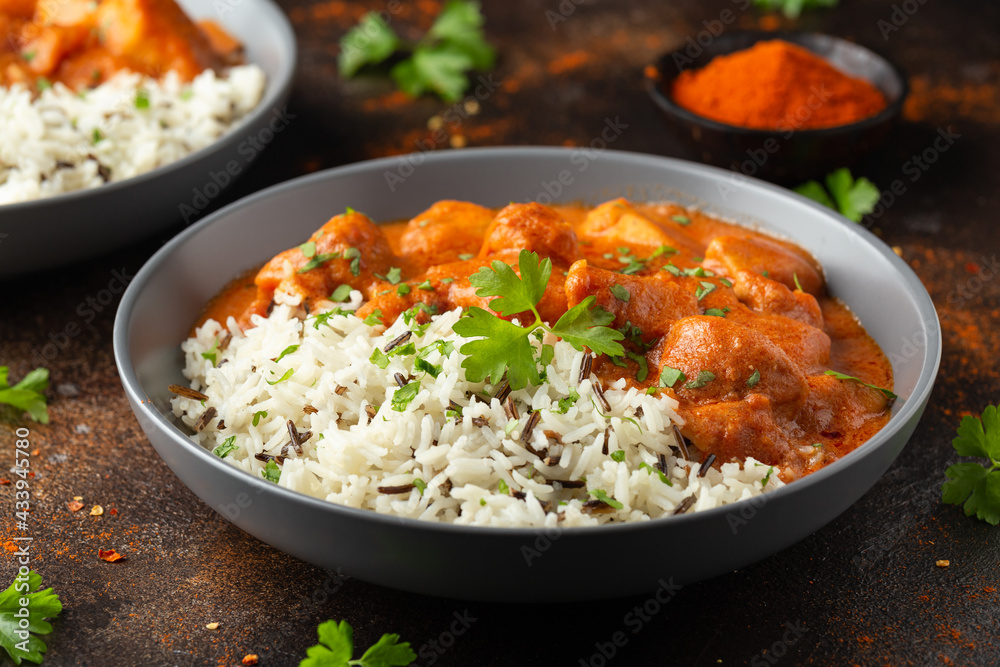 Chicken Paprikash with basmati, wild rice in juicy paprika sauce and parsley.