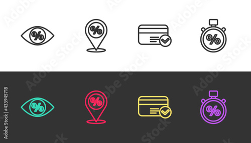 Set line Eye with percent, Location discount, Credit card and Stopwatch and on black and white. Vector