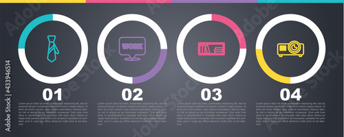 Set line Tie, Location with text work, Shelf books and Movie, film, media projector. Business infographic template. Vector