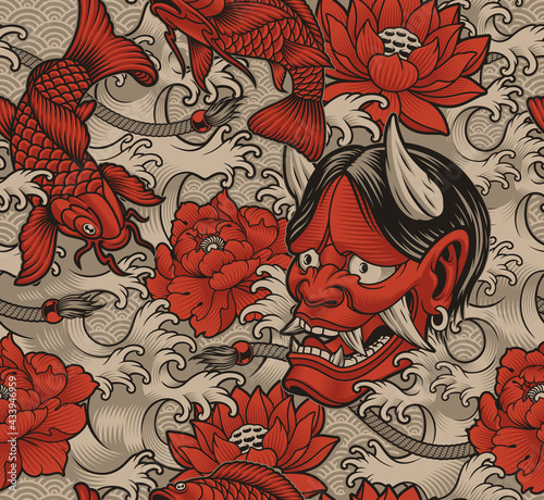 Seamless background in Japanese style with koi fish, Oni demon, and Japanese waves, this design can be used as a print for fabrics, phone cases, and many other creative products in the Japanese style