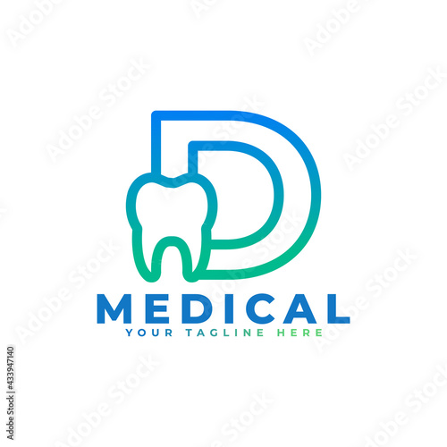 Dental Clinic Logo. Blue Linear Shape Letter D Linked with Tooth Symbol inside. Usable for Dentist, Dental Care and Medical Logos. Flat Vector Logo Design Ideas Template Element.