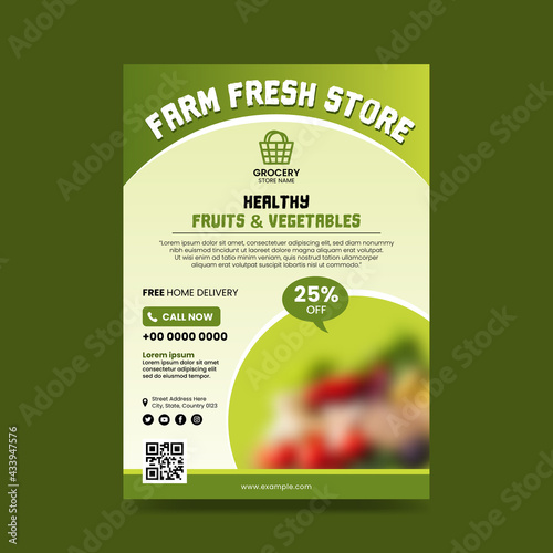 Grocery Flyer. Farm fresh store leaflet. Vegetables template design on green background. Supermarket online store brochure. Shopping banner.