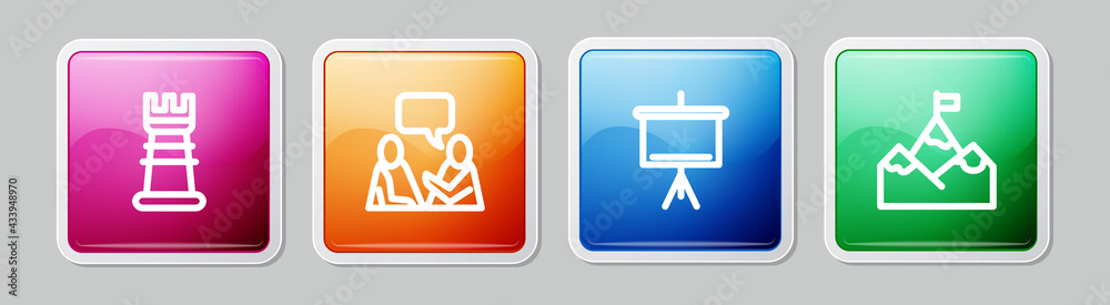 Set line Business strategy, Two sitting men talking, Chalkboard and Mountains with flag. Colorful square button. Vector Set line Business strategy, Two sitting men talking, Chalkboard and Mountains with flag. Colorful square button. Vector