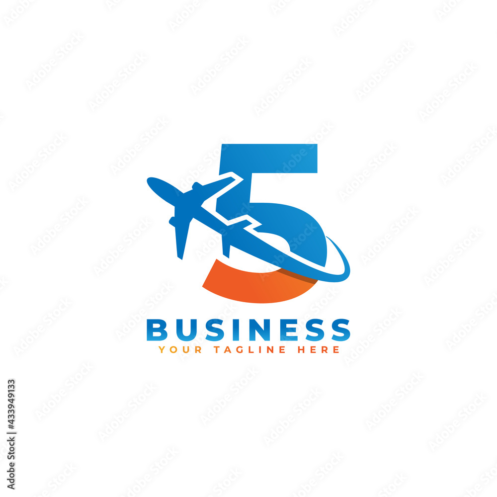 Number 5 with Airplane Logo Design. Suitable for Tour and Travel, Start up, Logistic, Business Logo Template