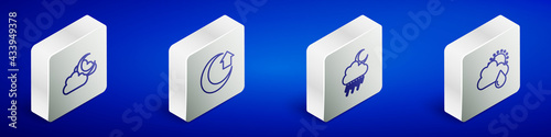 Set Isometric line Cloud with moon, Moon, rain and and sun icon. Vector