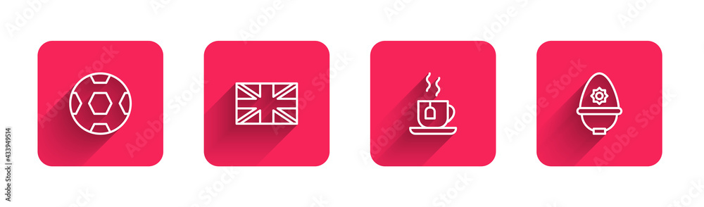 Set line Football ball, Flag of Great Britain, Cup tea with tea bag and British police helmet with long shadow. Red square button. Vector Set line Football ball, Flag of Great Britain, Cup tea with tea bag and British police helmet with long shadow. Red square button. Vector