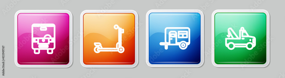 Set line Bus, Scooter, Rv Camping trailer and Tow truck. Colorful square button. Vector