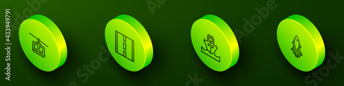 Set Isometric line Cable car, Road, Cargo ship and Rocket with fire icon. Vector