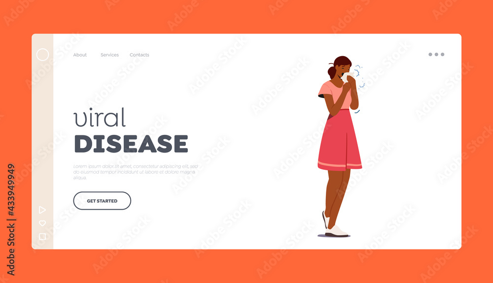 Viral Disease Landing Page Template. Ill Female Character Sneezing with Runny Nose, Contagious Flu or Sickness Infection