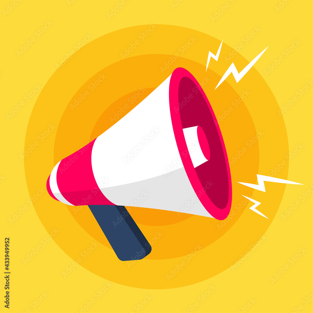 Pink megaphone isolated on yellow background. Symbol of the loudspeaker. Promotion annoucement.  Simple trendy cute cartoon object vector illustration. Flat style graphic design element icon.  - obrazy, fototapety, plakaty 