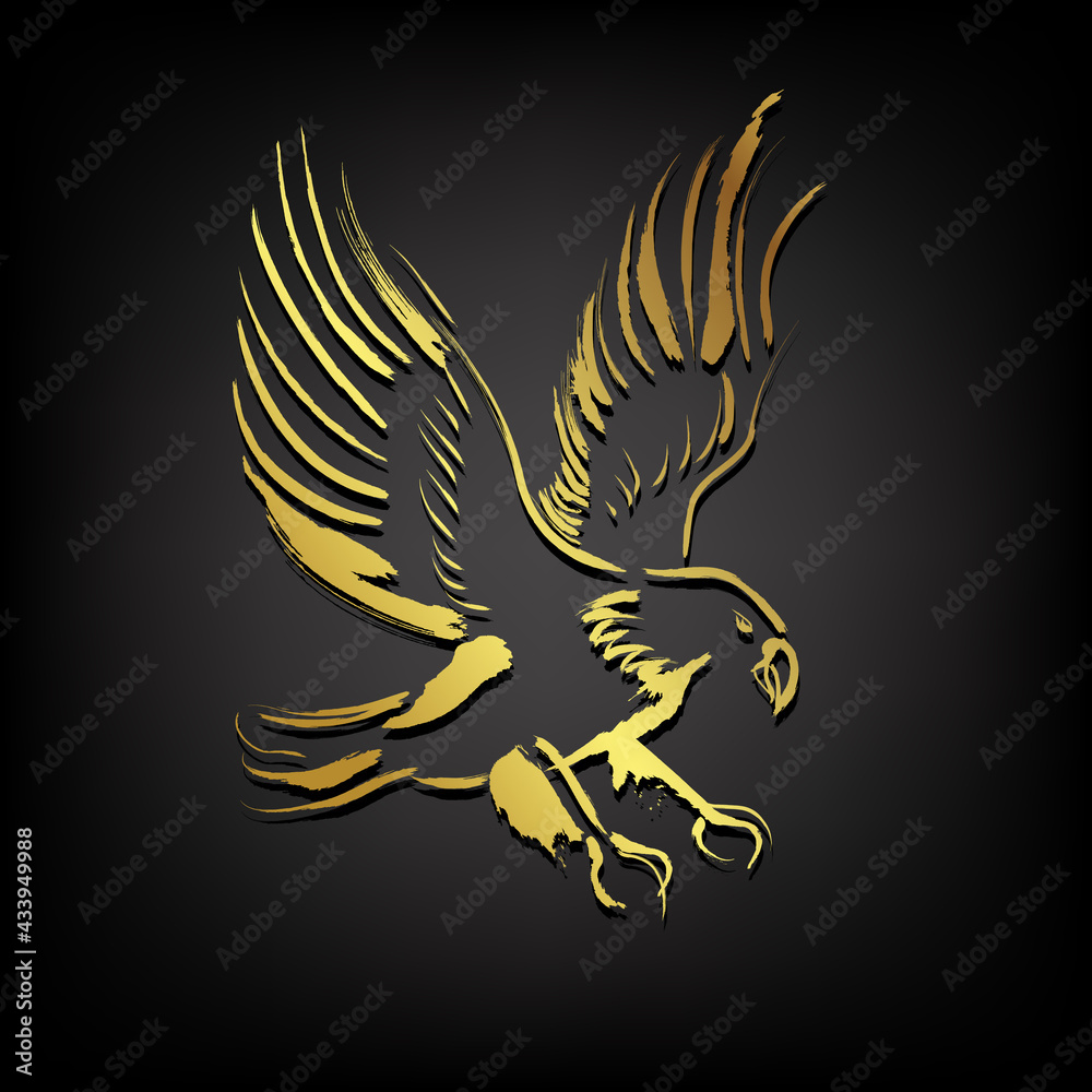 Golden eagle with brush paint  isolate on black background