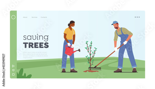 Reforestation, Forest Restoration, Planting, Saving Trees Landing Page Template. Volunteers Care and Watering Plants
