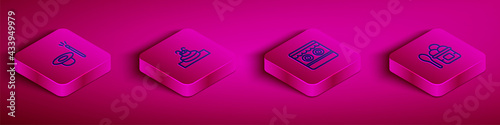 Set Isometric line Magic hat and wand, Fountain, Shooting gallery and Ice cream bowl icon. Vector