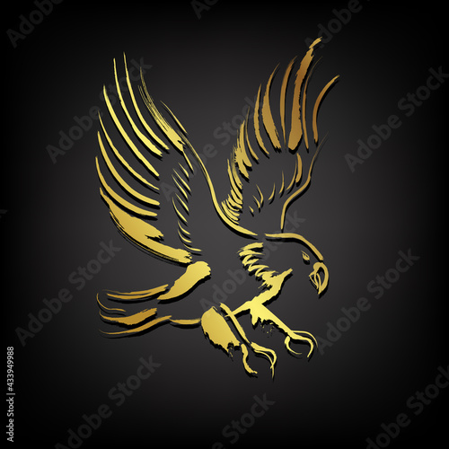 Golden eagle with brush paint  isolate on black background