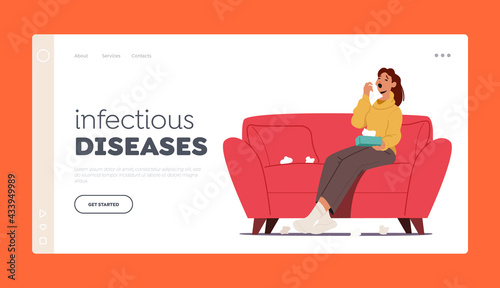 Flu and Viral Infection Sickness Landing Page Template. Diseased Woman Sneezing. Female Character Coughing Having Cold