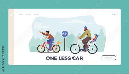 Happy Family Outdoor Sport Activity Landing Page Template. Father, Teen Son and Little Child Characters Riding Bicycle