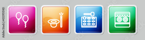 Set line Balloons, Magic hat and wand, Arcade game machine and Shooting gallery. Colorful square button. Vector