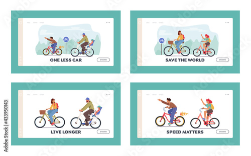 Happy Family Characters Riding Bikes Landing Page Template Set. Dad, Son, Mom and Daughter Training, Healthy Lifestyle